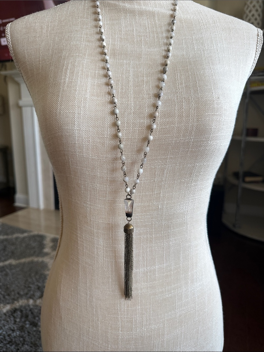 18” drop Long Silver Beaded Tassel Necklace